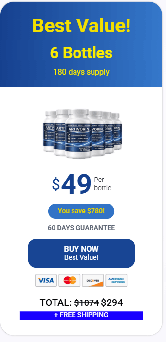 Artivorin 6 bottle best value package with free shipping and 60-day guarantee