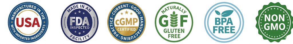 Artivorin made in USA FDA inspected facility gluten free BPA free non GMO certification badges