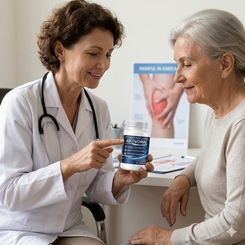 Doctor recommending Artivorin joint supplement bottle to patient