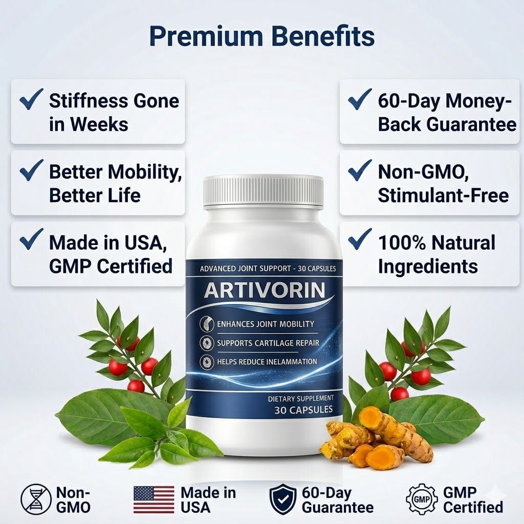 Artivorin advanced joint support bottle with premium benefits and certification badges
