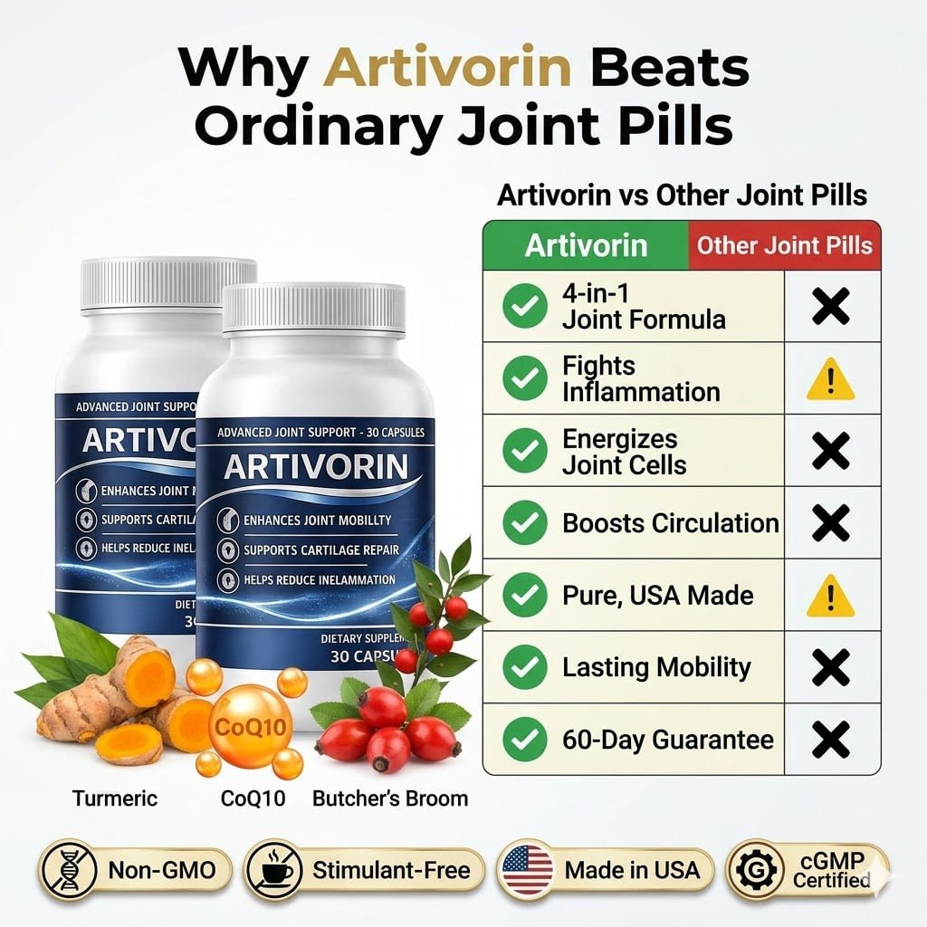 Artivorin comparison chart showing complete advantage over other joint pills with 4-in-1 formula and 60-day guarantee